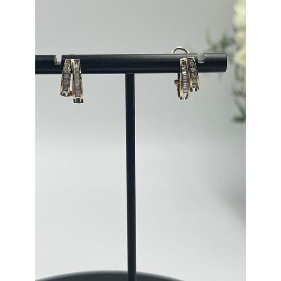 10K Yellow Gold 30 Diamonds Round  Baguette Channel Huggie Hoop Omega Earrings - Picture 2 of 12